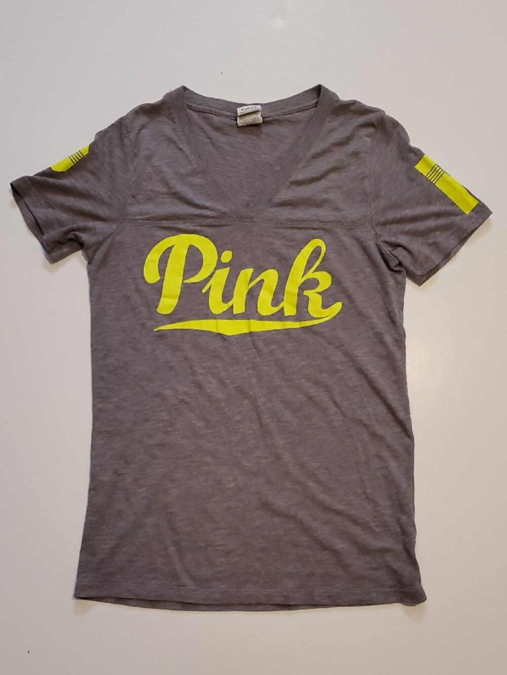 PINK Victoria's Secret Heather Gray V-Neck Tee with Neon Yellow Logo - Picture 5 of 10